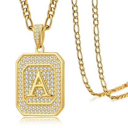Initial Letter Pendant Necklace for Men Women, 14K/18K Gold A-Z | Square Monogram Pendant Jewelry Waterproof and colorfast with Figaro Chain, Gifts for Women Men - style: 18K Gold A