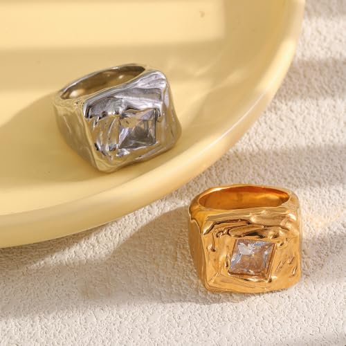Fashion Square CZ Chunky Statement Ring for Women Size 7 | Stainless Steel, Hammered Textured, Rough, Geometric Crystal, Wide Stacking, Wedding Engagement Eternity Band, Dainty Jewelry - color: Gold