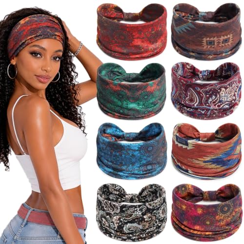 Awumbuk Wide Headbands for Women Knotted Non Slip, 8 Pack Soft Head Bands to Hide Hairline, Fashion Boho Style Bandana, Moisture Wicking Hair Bands for Workout Sports Yoga Makeup - color: Boho red