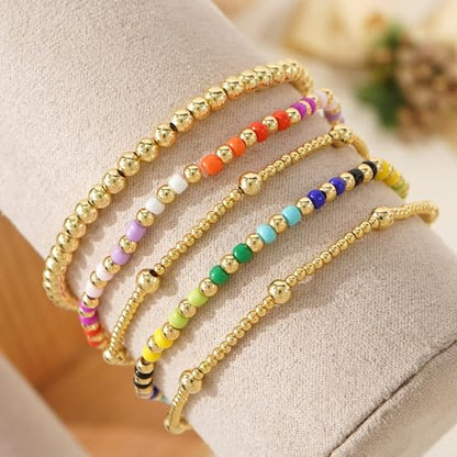 Colorful Gold Plated Stackable Ball Seed Beaded Bracelets Set For Women, Boho Handmade Romantic Stretch Accessories Jewelry, Daily Wear Holiday Party Friendship Gift - color: Rainbow