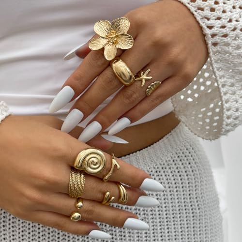 Gold Rings for Women Non Tarnish Boho Stackable Adjustable Open Rings Set Finger Knuckle Stacking Ring Packs Jewelry Gift - color: Gold Chunky Starfish Rings 8Pcs