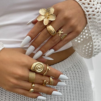 Gold Rings for Women Non Tarnish Boho Stackable Adjustable Open Rings Set Finger Knuckle Stacking Ring Packs Jewelry Gift - color: Gold Chunky Starfish Rings 8Pcs