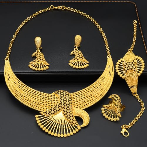 indian Women Jewelry Necklace Set african Dubai Bride Wedding Prom Fashion Jewelry 24K Gold Plated Necklace Bangles Rings Earrings - color: S-347