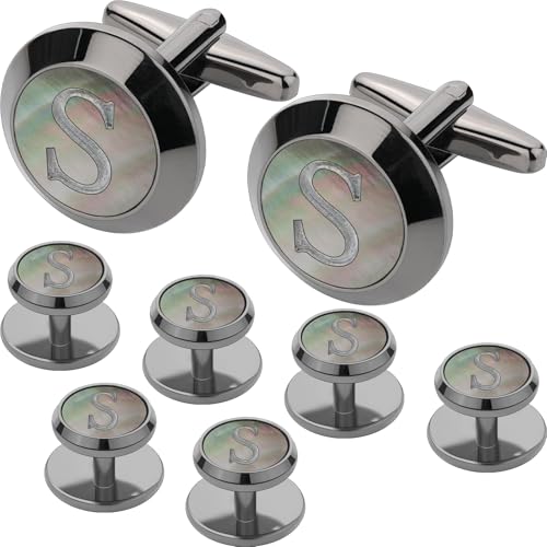 Cuff Links Mens and Tuxedo Studs Set, TAIGRAMA Gun Black Cufflinks for Men and Tuxedo Buttons Initial Tux Shirt Studs Personality Black Mother of Pearl for Formal Shirt Kit Business or Wedding - style: Letter S