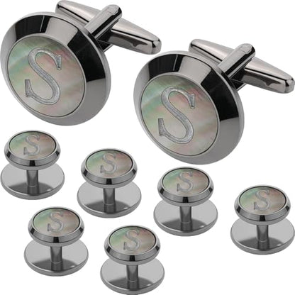 Cuff Links Mens and Tuxedo Studs Set, TAIGRAMA Gun Black Cufflinks for Men and Tuxedo Buttons Initial Tux Shirt Studs Personality Black Mother of Pearl for Formal Shirt Kit Business or Wedding - style: Letter S