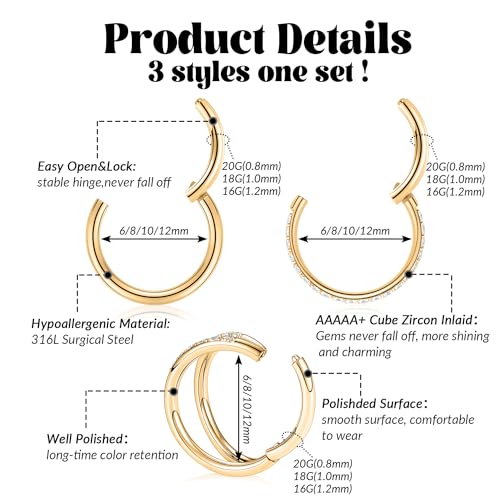 FUNLMO 3Pcs Nose Rings Double Hoop Nose Ring Conch Daith Tragus Helix Rook Piercing Jewelry Surgical Steel Cartilage Earring Conch Hoop Earring Septum Jewelry Lip Ring - color: Style 2: Gold