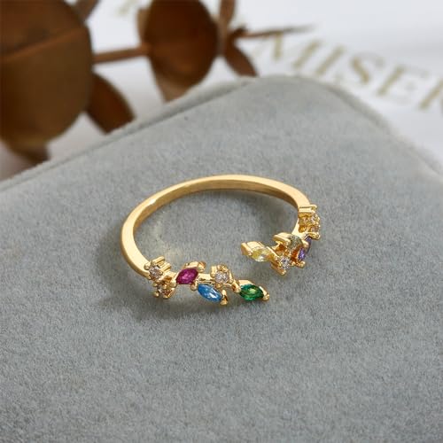 Gold Rings Non Tarnish Silver Adjustable Rings for Women Cubic Zirconia Leaf Ring Dainty Silver Stackable Ring for Women - style: colorful