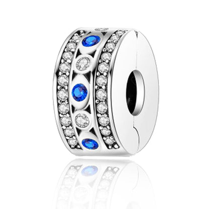925 Sterling Silver Openable Clip Spacer Bead Fits Pandora Bracelet | Hypoallergenic Clip Stopper Charm, Star Clover Butterfly Floral Mom Heart Paved Zircon Gift for DIY Charm Bracelet Jewelry - color: Blue White Zircon Paved