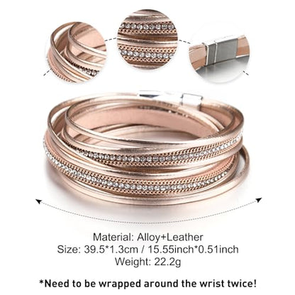 Fesciory Leather Wrap Bracelets for Women, Boho Western Layered Jewelry | Layered leather cuff bracelets, Easy on and off, Boho western style, Daily wear, Gift for women - color: Champagne 2