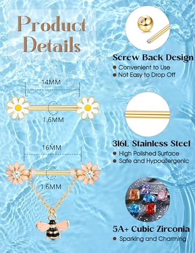 JOERICA 6 Pairs 14G Nipple Rings for Women 316L Stainless Steel Heart Butterfly Moon CZ Flower Barbell Nipple Rings Set Cute Nipplerings Piercing Jewelry - color: Gold Tone