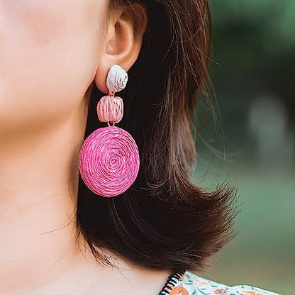 Statement Raffia Boho Round Dangle Ball Earrings - Cute Handmade Summer Bohemian Dangling Jewelry for Women - color: 3Pink
