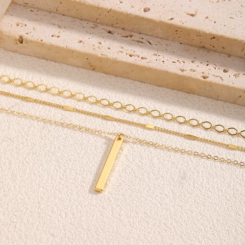 Gold Necklace for Women 14K Gold Plated Layered Cross Bar Necklace Herringbone Figaro Paperclip Flat Chain Cute Charm Accessories Non Tarnish Jewelry Set Gifts for Women - style: R-NK-07-Bar-GD