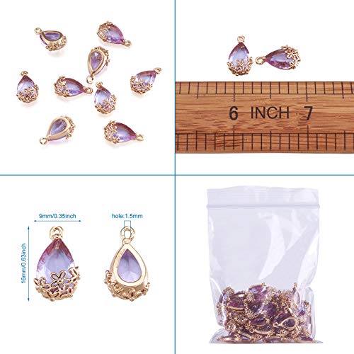 FASHEWELRY 50Pcs Faceted Transparent Glass Teardrop Pendants Crystal Glass Dangle Oval Drop Bead Charms with Golden Flower Open Back Settings for Jewelry Craft Making (Medium Purple) - color: Purple