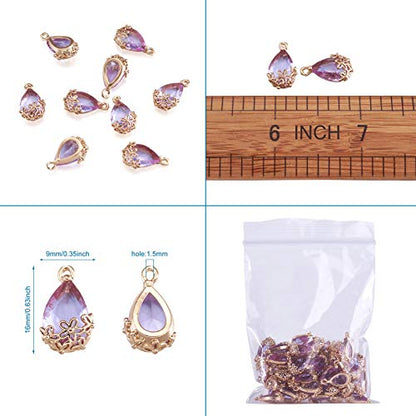 FASHEWELRY 50Pcs Faceted Transparent Glass Teardrop Pendants Crystal Glass Dangle Oval Drop Bead Charms with Golden Flower Open Back Settings for Jewelry Craft Making (Medium Purple) - color: Purple