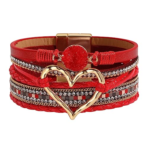 Womens Love Heart Leather Wrap Bracelet Multi-layer Stacked Bangle | Magnetic Clasp Soft PU Leather Resin Stone Rhinestone Boho Style Birthday Valentine Christmas Bohemian Jewelry Gift - color: Red