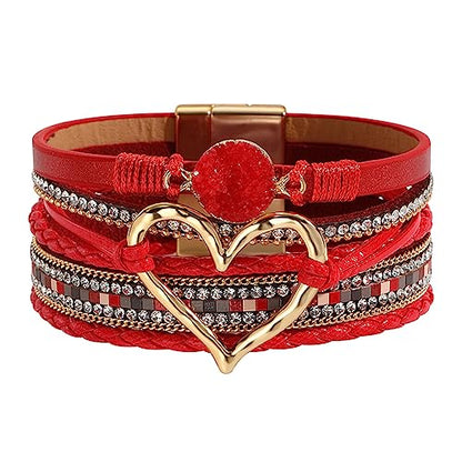 Womens Love Heart Leather Wrap Bracelet Multi-layer Stacked Bangle | Magnetic Clasp Soft PU Leather Resin Stone Rhinestone Boho Style Birthday Valentine Christmas Bohemian Jewelry Gift - color: Red