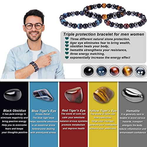 SAMXY Triple Protection Bracelet, 8mm Healing Crystal Bead Bracelet, 3pcs Blue Red Tiger's Eye Obsidian Hematite Bracelet Women Men - color: 3Pcs-8mm