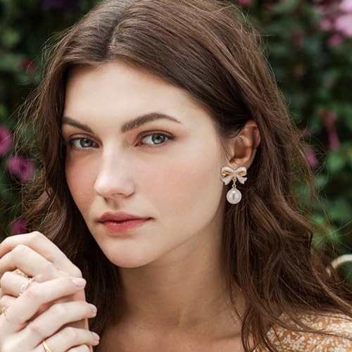 Pearl Bow Earrings for Women Coquette Aesthetic Jewelry Rhinestone Bow Earrings for Bridesmaids Wedding Party Accessories Bridal Costume Accents Bowknot Themed Gifts - color: B4: White Bow Pearl Earrings
