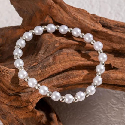 5Pcs Boho White Flower Beaded Pearl Bracelets for Women Trendy, Cute Gold Silver Stackable Floral Petal Pearls Beads Chain Bracelet Holiday Jewelry Gifts - color: Silver