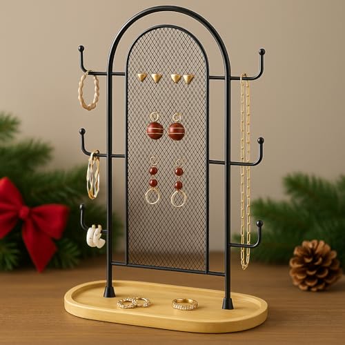 bussdis Jewelry Holder Organizer Earring Display - Earring Storage Tree Stands Towers With 6 Hooks 300 Studs Wood Tray Black Metal Rack - color: Black