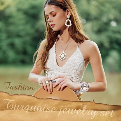 Ecally Bohemian Western Jewelry Turquoise Set Women Country Pendant Long Choker Layered Bracelets Earrings Ring for Women - color: White, style: Lovely