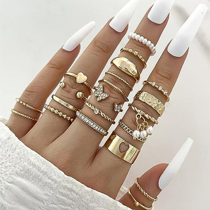 HUASAI Gold Stackable Rings Set for Women Boho Dainty Moon Star Pearl Leaf Cubic Zirconia Heart Midi Pinky Trendy Jewelry Birthday Gifts - color: E Gold Pearl Rings 21 Pcs