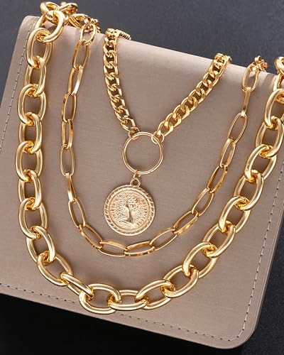 Gold Layered Necklaces for Women Chunky Layered Gold Necklaces Stacked Paperclip Chain Pearl Necklace Herringbone Toggle Clasp Choker Trendy Statement Jewelry Gifts - color: B8:gold stack necklaces