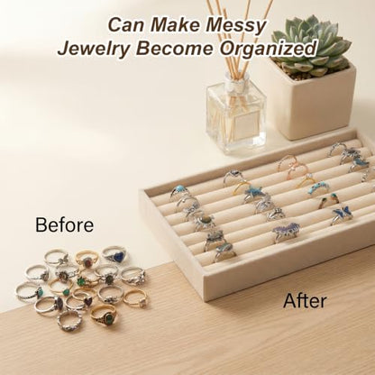 8 Pcs Velvet Jewelry Trays 7 Slot Ring Tray for Drawer Mini Earring Display | Stackable Ring Board Case,Small Stud Earring Holder,Inserts Bracelet Necklace Storage Trays for Women, 8.3x4.8x1"(Beige)