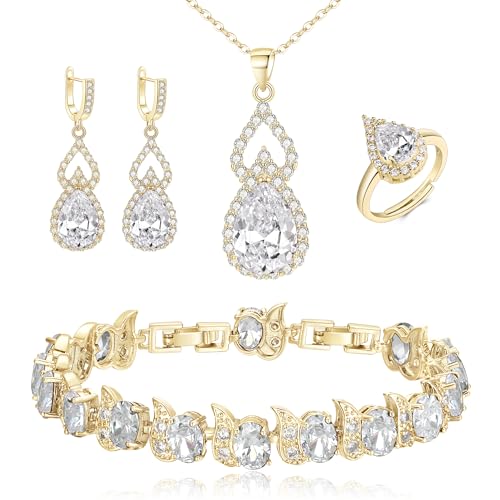 Wedding Jewelry Set for Women Bride Bridesmaid | Gorgeous Cubic Zirconia Teardrop Necklace Earrings Bracelet Adjustable Ring Jewelry Gift for Birthday/Anniversary - color: 01-Clear Gold-Tone