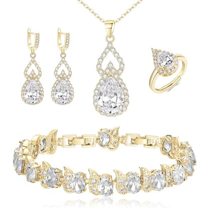 Wedding Jewelry Set for Women Bride Bridesmaid | Gorgeous Cubic Zirconia Teardrop Necklace Earrings Bracelet Adjustable Ring Jewelry Gift for Birthday/Anniversary - color: 01-Clear Gold-Tone