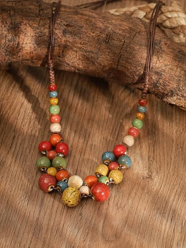 MINACHI Hippie Boho Colorful Ceramic Round Beads Strand Necklace, Bohemian Fashion Statement Jewelry Gift for Women - color: S08