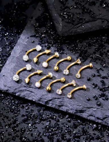 16G Eyebrow Ring Piercing Jewelry Surgical Steel CZ Opal Ball Spike Curved Barbell Vertical Labret Lip Ring Rook Daith Earrings Belly Button Ring Piercing Jewelry for Women Men 6MM 8MM 10MM - color: Gold, size: 16G, 10mm Length