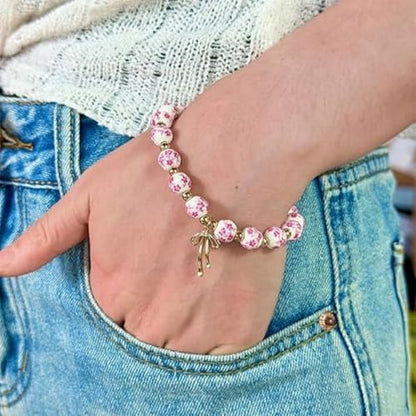 3PCS Bow Beaded Jewelry Set for Women Vintage Handmade Flower Blue And White Porcelain Enamel Ribbon Necklace Bracelet and Earrings Bow Christmas Birthday Holiday Charm Romantic Jewelry Gifts - style: Style B