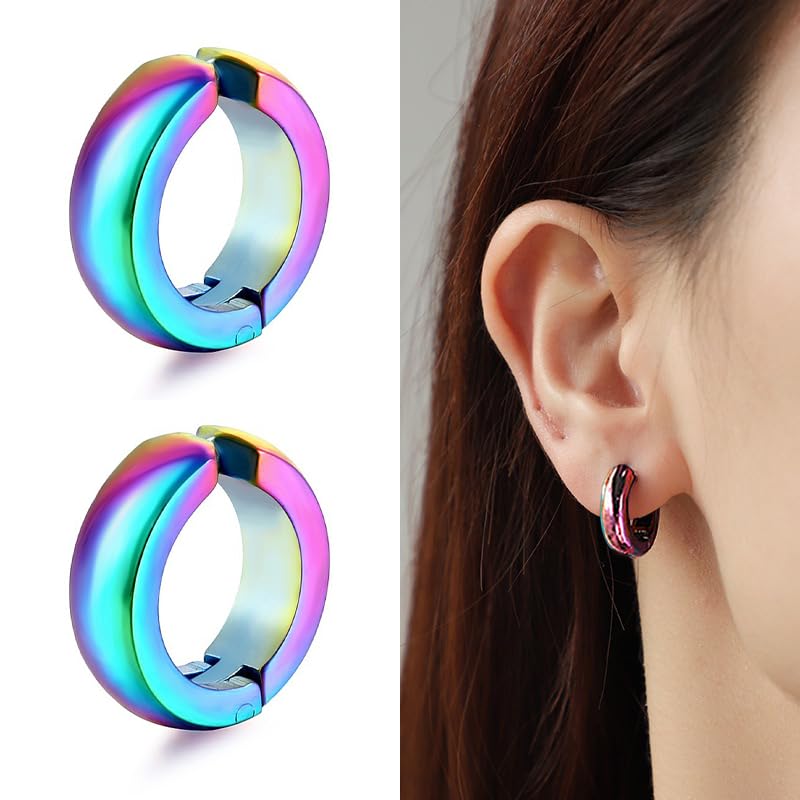 SIISPRI Stainless Steel Mens Womens Clip On Earrings Hoop Huggie Non-Piercing - color: Rainbow