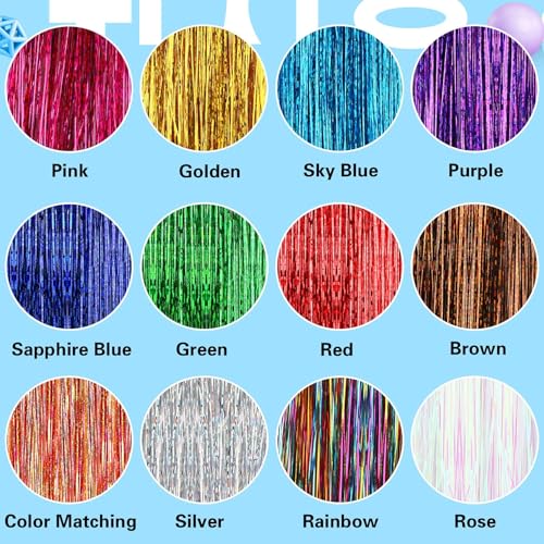 FEBSNOW Tinsel Hair Extension, 47 Inch Glitter Rainbow Strands with Tool | 2400 Strands 12 Mixed Colors Sparkling Hair Kit, Girls Party Accessories, Christmas Wedding Birthday Hair Styling Supplies - color: Multi 12 colors-1