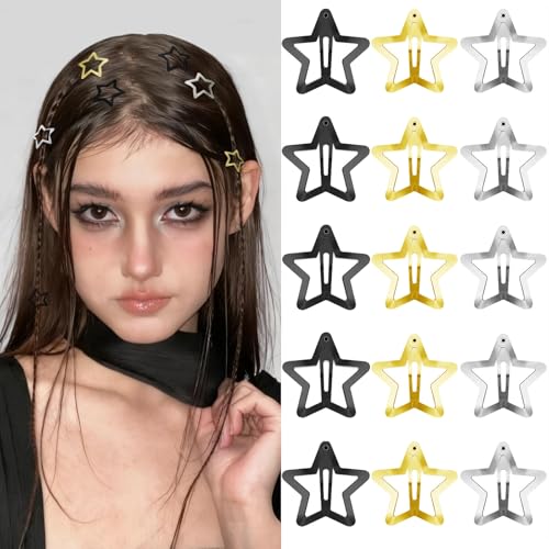 Star Hair Clips 2000s Y2K Black Gold Silver Star Hair Accessories Snap Hair Barrettes Non Slip Metal Hair Clips for Girls Women -15 PCS 1.18" - color: 15 P - 1.18"-black,gold,silver