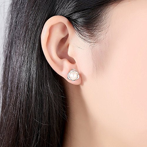 "Lovely Rose" High Polished 925 Sterling Silver Earrings with 7mm Natural Freshwater Pearl - style: Earrings