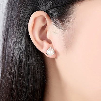 "Lovely Rose" High Polished 925 Sterling Silver Earrings with 7mm Natural Freshwater Pearl - style: Earrings