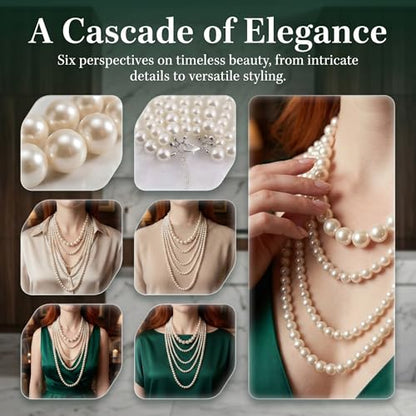 Pearl Necklace, Multi Long Strand Layered Necklaces, Chunky Large White Faux Pearls Costume Jewelry, Vintage Multistrand Stacked Strands For Women, Flapper 1920s Style