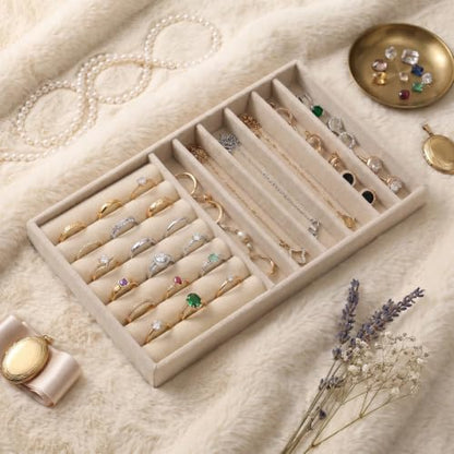 Stackable Velvet Tray Jewelrys Storage Organizers Jewelry Box Insert Organizer for Drawer Jewelry Drawer Organizer Inserts Ring Earring Stud Necklace Holder Display Storage Case (Beige, 8.3 x 4.9in)