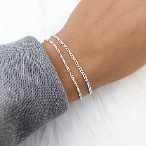 Stacking Bracelet Silver, Minimalist Simple Gourmet Satellite Rectangles Lace Heart Chain Bracelets, 925 Sterling Arm Jewelry for Women, Length 6.5-7.5 Inches - style: Gourmet Chain