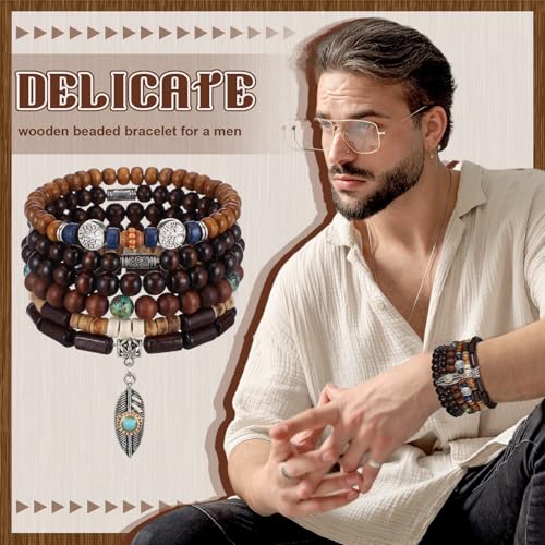 Tondiamo 48 Pcs Punk Wooden Beads Bracelets Gothic Bracelet for Men Adjustable Bulk Vintage Beaded Bracelet Metal Set Wood Bangles Wristbands Commemorative Gift