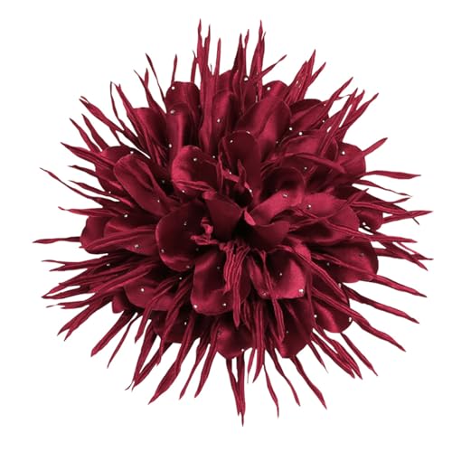 18cm/7in Dainty Spiky Fabric Flower Brooch Pin for Women Girls Elegant Crystal Colorful Pom-Pom Fluffy Floral Peony Brooches Lapel Hair Pins Trendy Party Dress Accessories Jewelry - color: Wine Red
