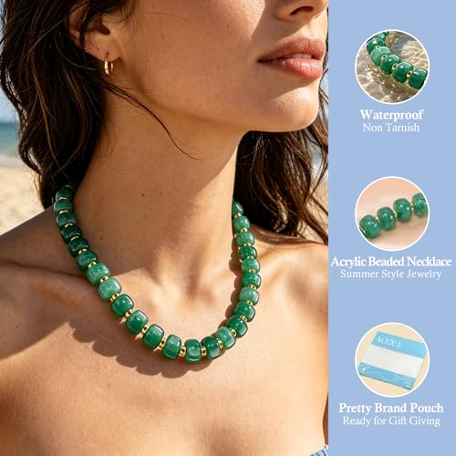 AOZEL Chunky Resin Beaded Necklace for Women Colorful Bead | Summer Beach, Waterproof, Fade Resistant, Adjustable Length, Boho Statement, for Daily Wear & Gifting - color: Dark Green