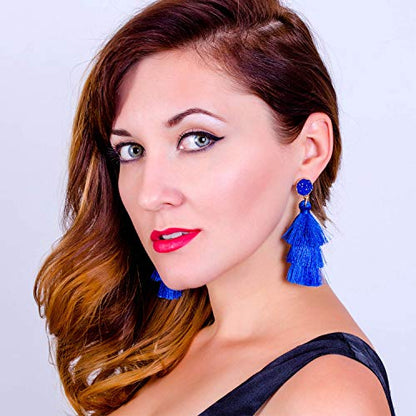 Bohemian Tiered Tassel Earrings with Druzy Stud for Women | Long Layered Fringe Drop Earrings, Statement Jewelry for Party Beach Festival - color: Royal Blue