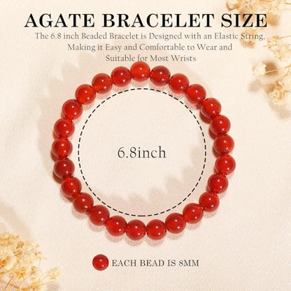 Agate Round Beaded Bracelet for Women Men Natural Agates Stone Healing Bracelets Stretch Elastic Handmade Polished Gemstone Beads Bracelet - color: Red, size: 8mm Beads