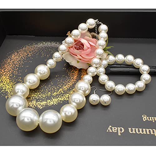 utop JNF Hand made Pearl Statement Necklace for Women Rhinestone Multilayer Crystal Necklaces Chunky Pearl Necklace Large Pearl Necklace and Earrings Set for Mother Mom's gift - color: white pearl necklace