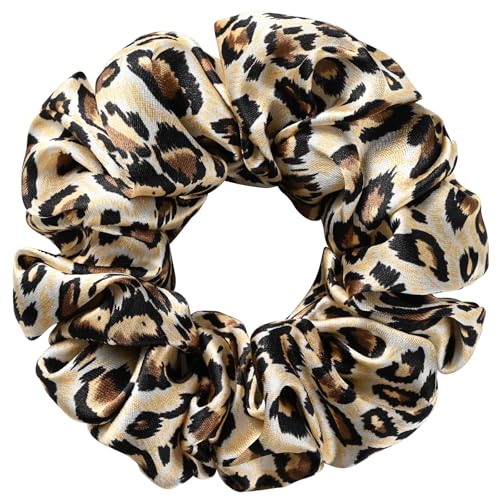Silk Scrunchie 1.4" Medium Wide 6A 22 Momme 100% Mulberry Silk Hair Ties,Gentle on Hair No Damage No Crease for Women Girls Curly Thick Wavy Hair,Sample Fabric Provided (1, Leopard Print) - color: Leopard Print