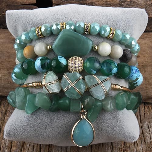 Yomisa 5PCS 6PCS Natural Boho Beaded Bracelets/Bangle for Women Men,Healing Turquoise Jasper Agate Crystal Gemstone Stone Chakra Multilayer Wrap Bohemian Handmade Jewelry Beads Stretch Bracelet Set - color: 5PCS-Sea green