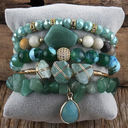 Yomisa 5PCS 6PCS Natural Boho Beaded Bracelets/Bangle for Women Men,Healing Turquoise Jasper Agate Crystal Gemstone Stone Chakra Multilayer Wrap Bohemian Handmade Jewelry Beads Stretch Bracelet Set - color: 5PCS-Sea green